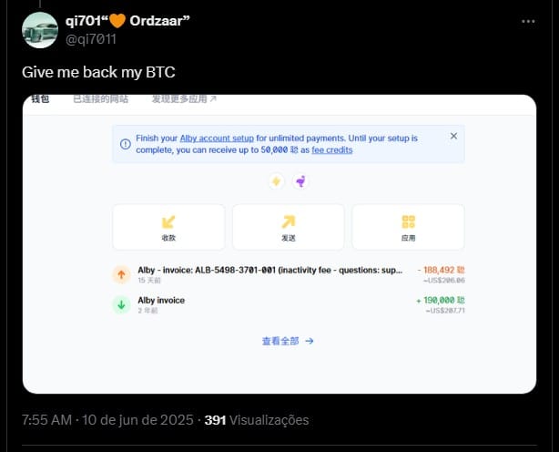 Usuário aponta que mais de R$ 1.000 em Bitcoin foram retirados de sua carteira Alby. Fonte: X.