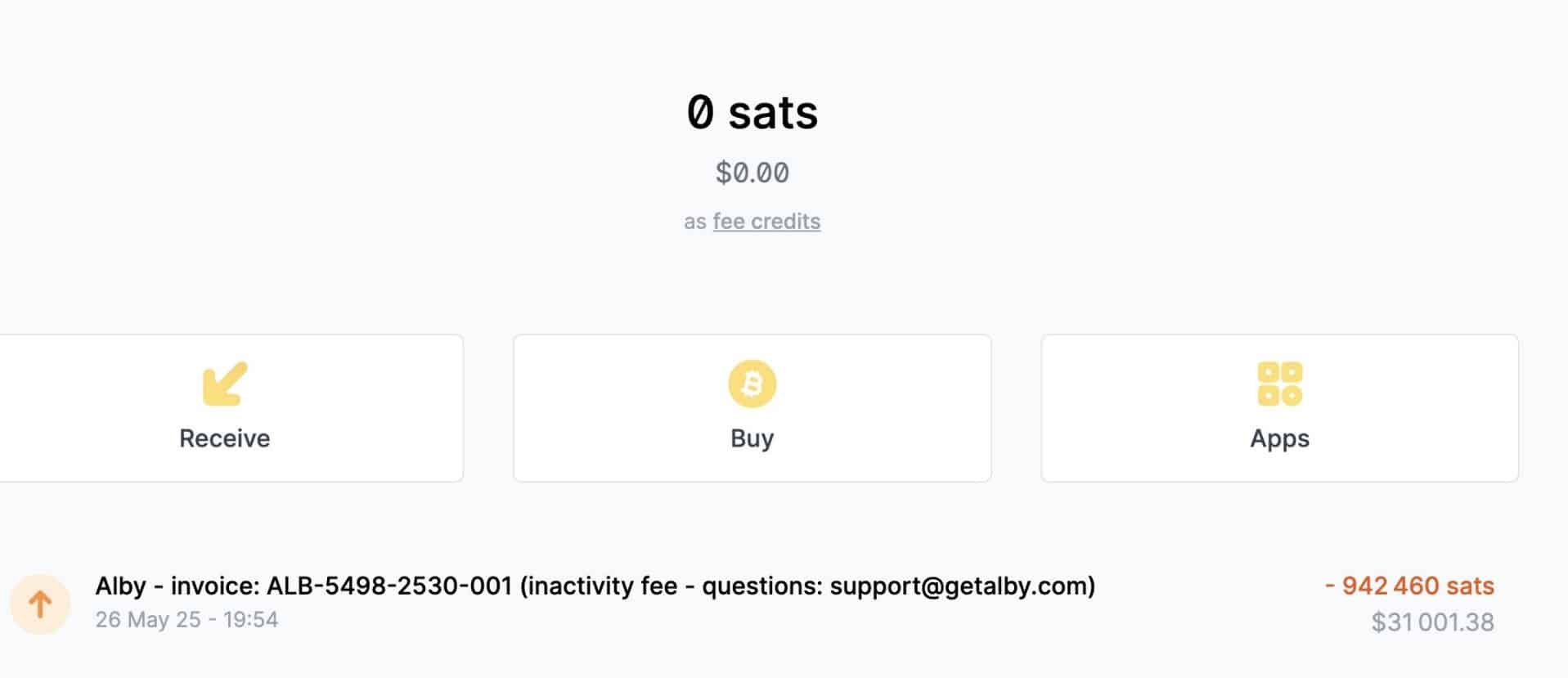Usuário aponta que US$ 31.000 (R$ 172.000) em Bitcoin foram movidos de sua carteira da Alby como “taxa de inatividade”. Fonte: KuiGas/X.