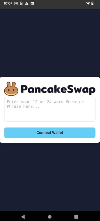 Aplicativo falso da PancakeSwap leva vítimas a site externo para roubar suas criptomoedas. Fonte: Cyble/Reprodução.