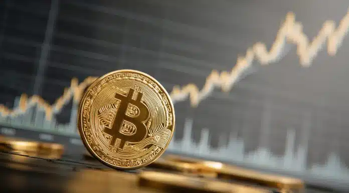 Moeda de Bitcoin em frente a gráfico de alta. Fonte: Midjourney.
