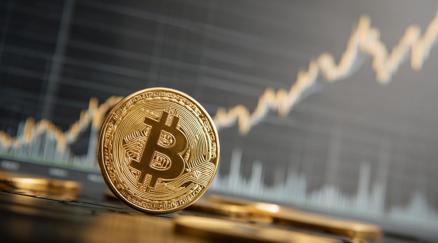 Moeda de Bitcoin em frente a gráfico de alta. Fonte: Midjourney.