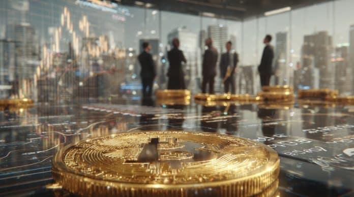 Moeda de bitcoin em destaque em sala de reunião. Fonte: Midjourney.