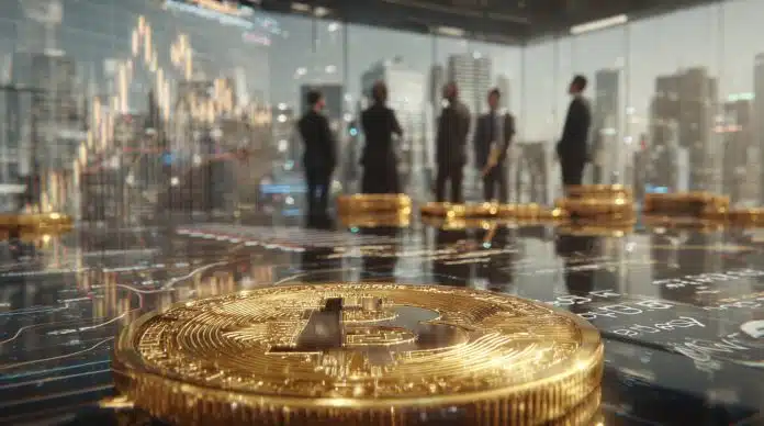 Moeda de bitcoin em destaque em sala de reunião. Fonte: Midjourney.