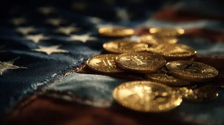 Moedas de Bitcoin sobre bandeira dos EUA. Fonte: Midjourney.