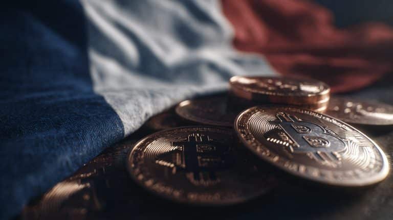 Moedas de Bitcoin e bandeira da França. Fonte: Midjourney.
