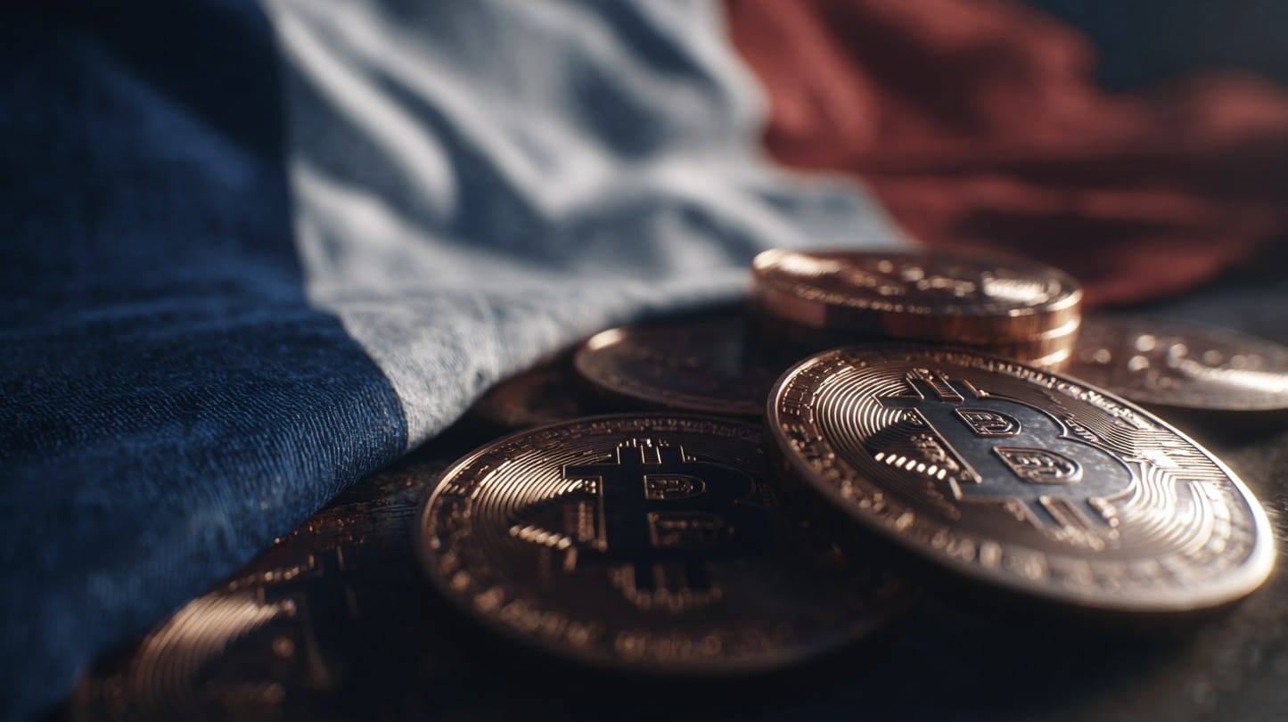 Moedas de Bitcoin e bandeira da França. Fonte: Midjourney.