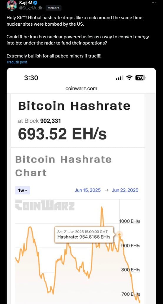 Investidor questiona se queda no hash rate do Bitcoin tem ligação com ataques dos EUA contra o Irã. Fonte: X.