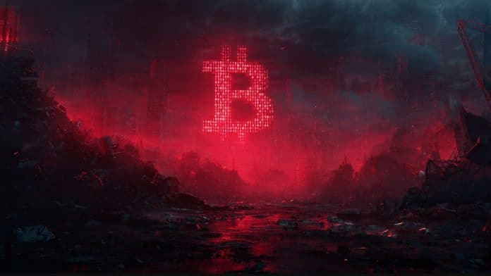 Bitcoin vermelho entre ruínas. Fonte: Midjourney.