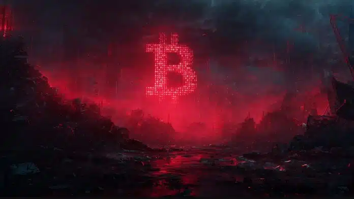 Bitcoin vermelho entre ruínas. Fonte: Midjourney.