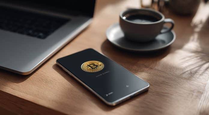 Carteira de Bitcoin em smartphone. Fonte: Midjourney.