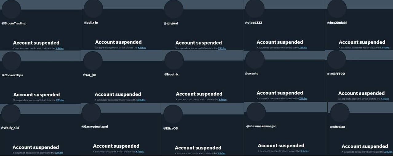 Mais de 15 contas ligadas ao setor de criptomoedas foram suspensas do X nesta segunda-feira (16). Fonte: Redes sociais/Reprodução.