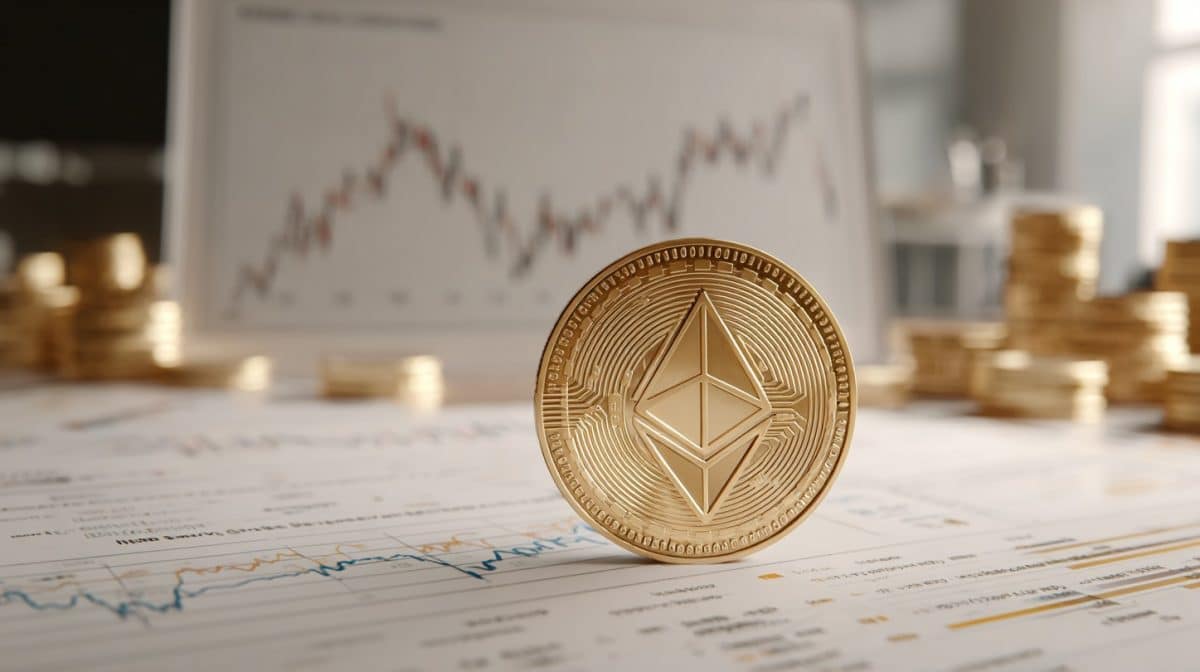 Moeda de Ethereum e gráfico de preços. Fonte: Midjourney.