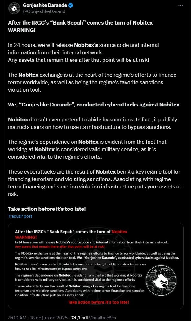 Grupo de hackers ligado a Israel assume autoria de ataque contra corretora de criptomoedas iraniana. Fonte: X.