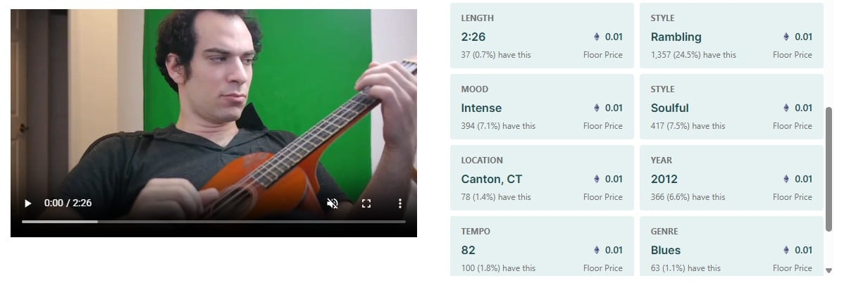 NFTs de Jonathan Mann contam com diversas características distintas que podem ser classificadas por raridade, incluindo ano de gravação, instrumento, gênero, duração e BPM. Um projeto criativo, que justifica os valores arrecadados. Fonte: Song a Day/Reprodução.