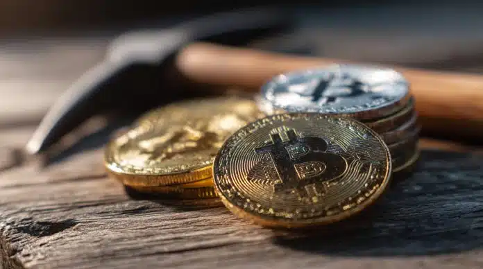Moedas de Bitcoin e picareta, simbolizando mineração.