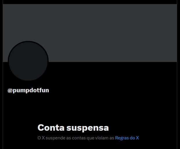 Perfil da plataforma Pump Fun suspenso no X, antigo Twitter.