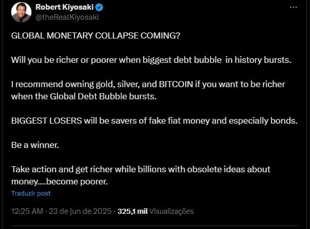 Robert Kiyosaki, autor de 'Pai Rico, Pai Pobre', faz alerta sobre bolha global de dívida pública. Fonte: X.
