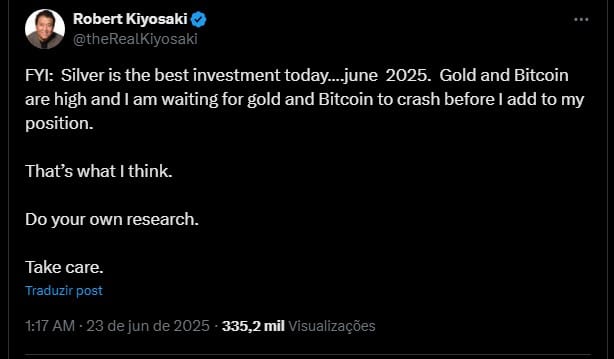 Robert Kiyosaki, autor de 'Pai Rico, Pai Pobre', acredita que ouro e Bitcoin irão cair. Fonte: X.