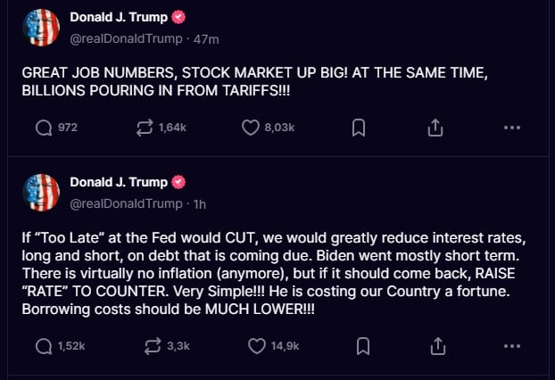 Trump afirma que economia americana está pronta para corte nos juros e pressiona Powell. Fonte: Truth Social.