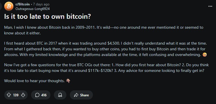 Ainda é cedo para comprar bitcoin pergunta de usuário no reddit