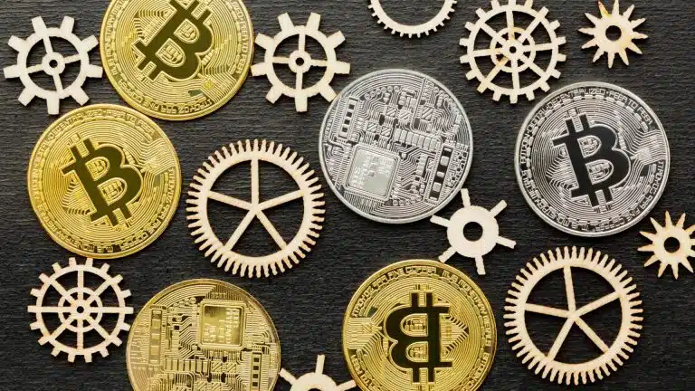 Moedas de bitcoin em meio a engrenagens mineração Paraguai roubo