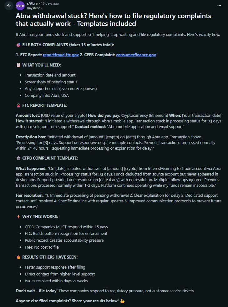 Usuário cria guia para outros investidores denunciarem a corretora Abra para reguladores. Fonte: Reddit.