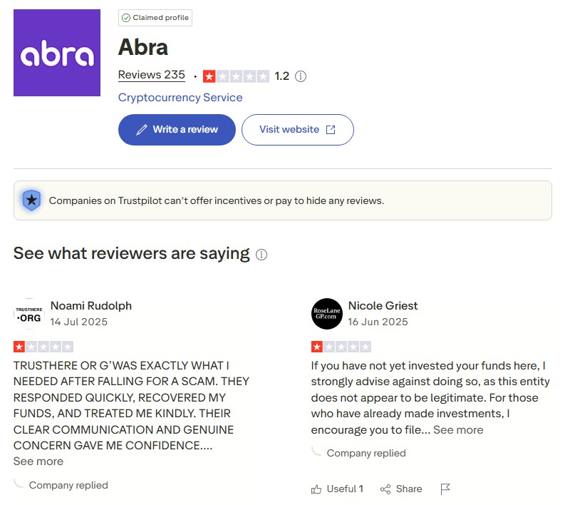 Perfil da Abra no Trustpilot, uma espécie de 'Reclame Aqui' da gringa. Fonte: Trustpilot.