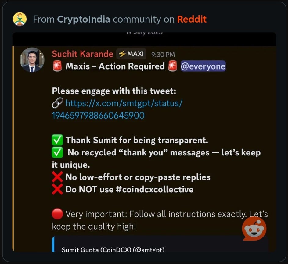 Funcionário da CoinDCX tentando manipular sentimento dos clientes após corretora ser hackeada. Fonte: ZachXBT/Reprodução.