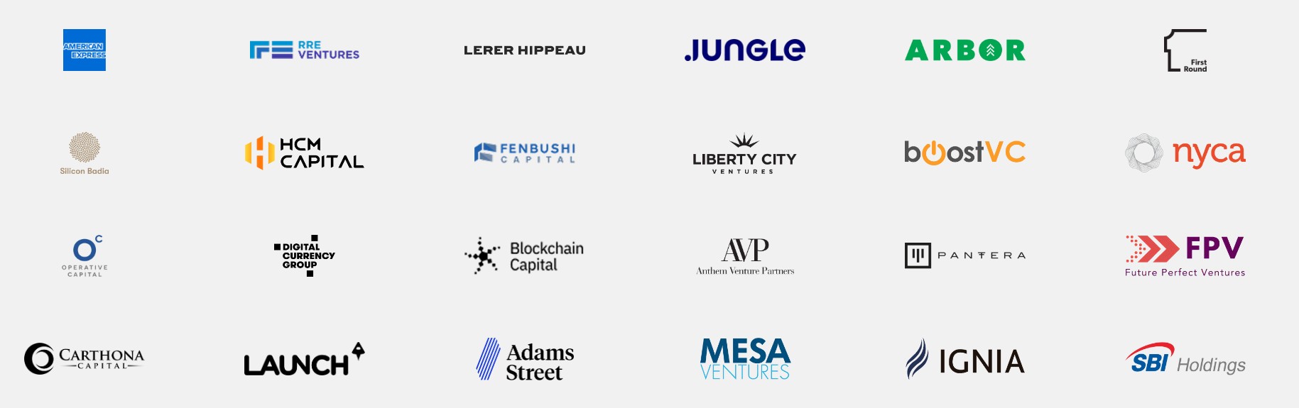 Lista de investidores da Abra inclui American Express, Digital Currency Group, Pantera Capital, SBI Holdings e outras gigantes do mercado. Fonte: Abra.