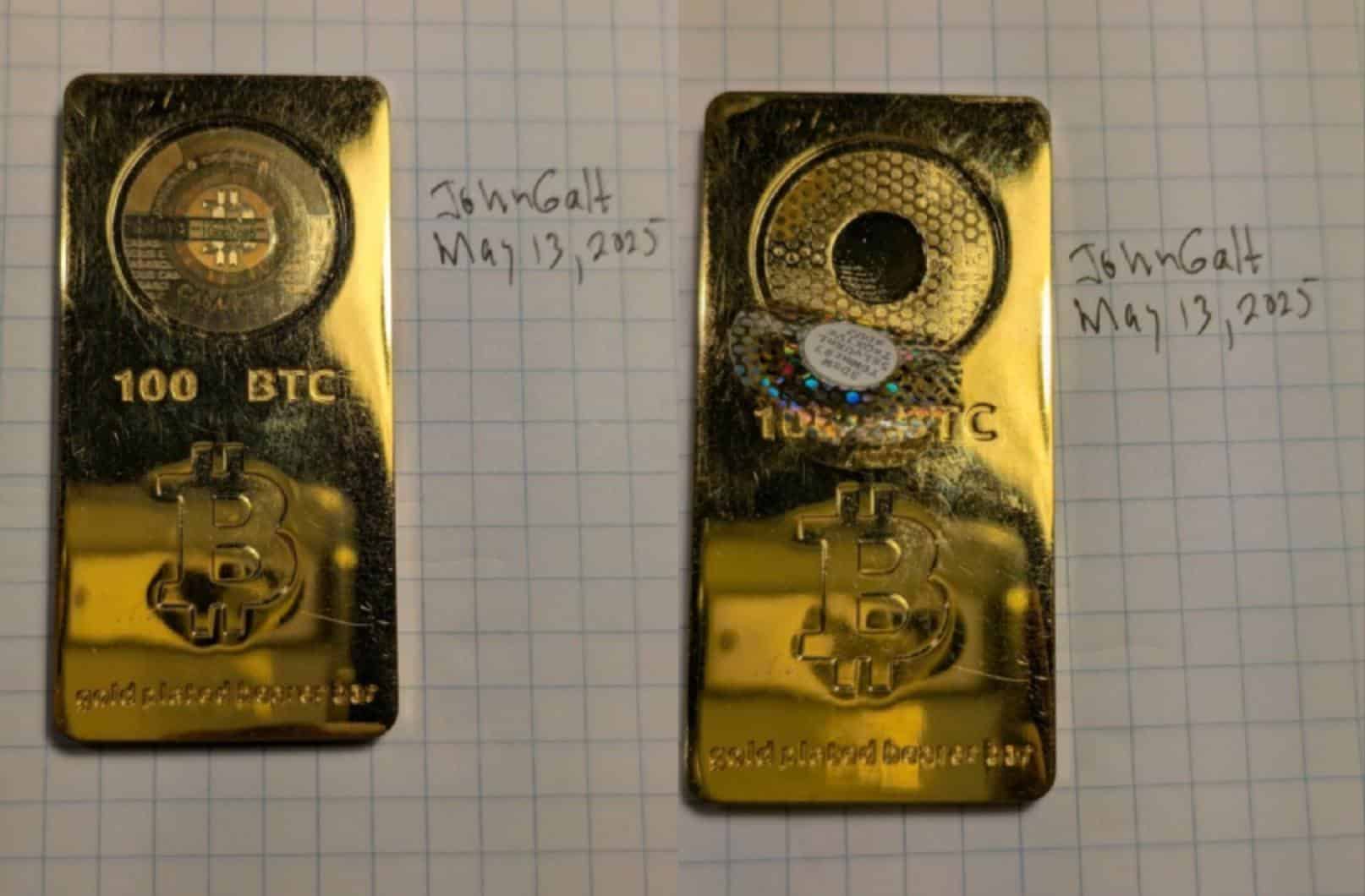 Barra de ouro com 100 bitcoins de 'John Galt'. Fonte: Bitcointalk/Reprodução.