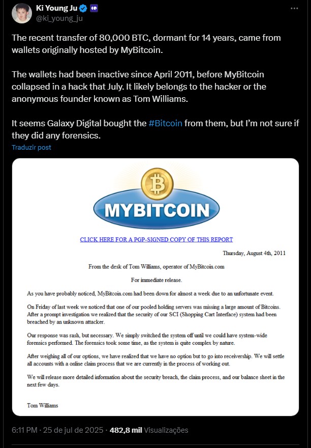 CEO da CryptoQuant afirma que moedas estão ligadas à MyBitcoin, uma antiga carteira de Bitcoin. Fonte: X.