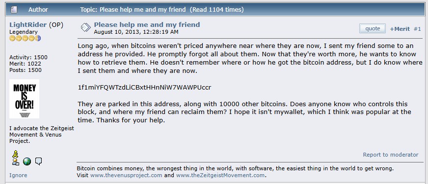 Usuário comentando, em 2013, sobre endereço que moveu 10.000 bitcoins agora em 2025. Fonte: Bitcointalk.