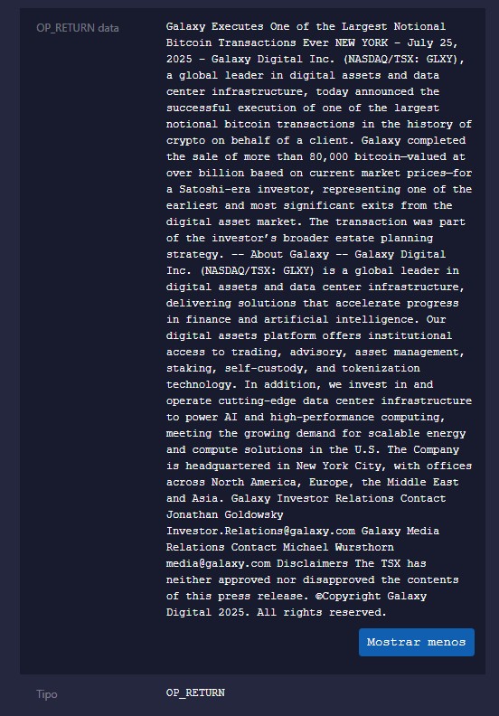 Comunicado da Galaxy sobre venda dos bitcoins também foi gravada na própria rede do Bitcoin. Fonte: Mempool.space.