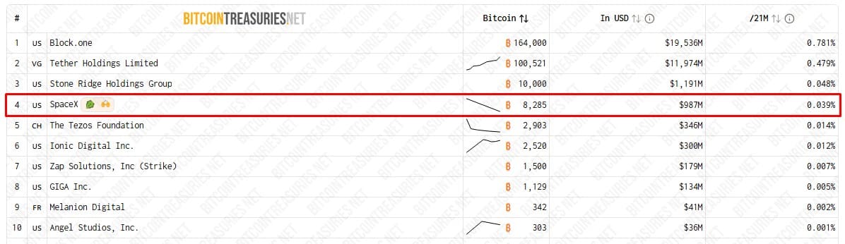SpaceX é uma das maiores detentoras de Bitcoin do mundo. Fonte: Bitcoin Treasuries.