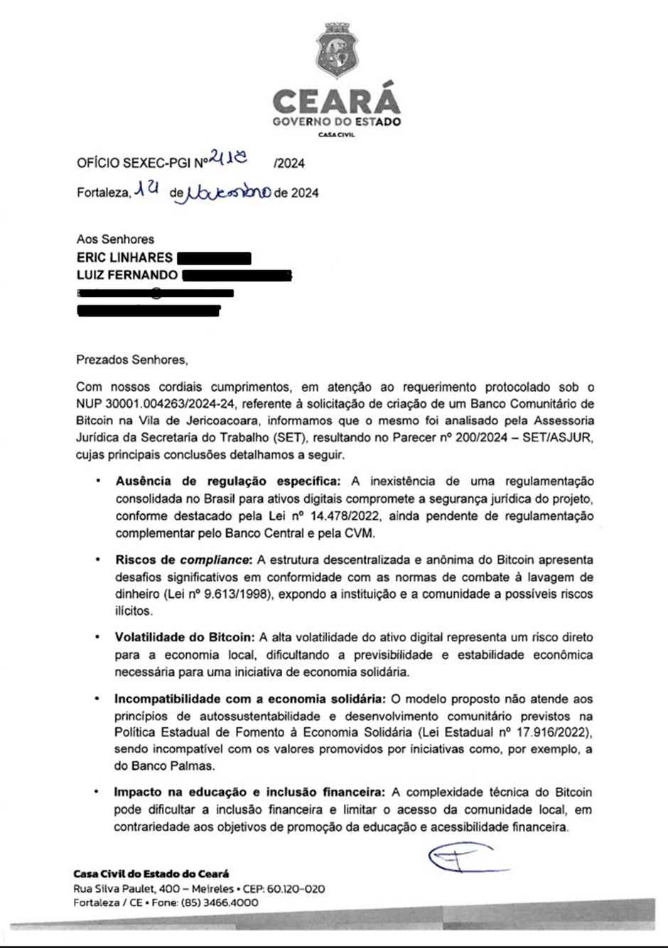 Motivos apresentados pela Casa Civil do Governo do Ceará