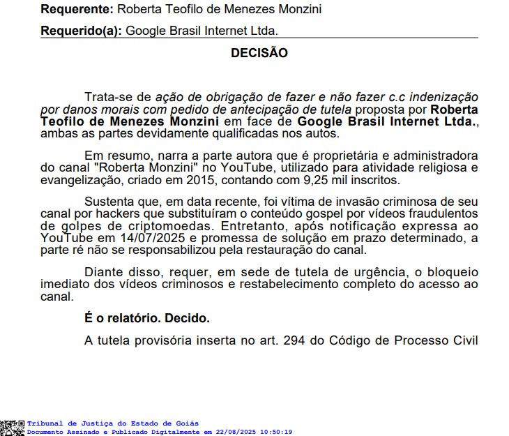 Roberta Monzini alegou que perdeu canal para hackers de criptomoedas e YouTube não resolveu problema