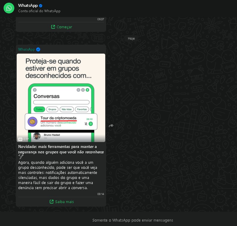 WhatsApp utiliza exemplo de falso grupo de criptomoedas para anunciar medidas de segurança