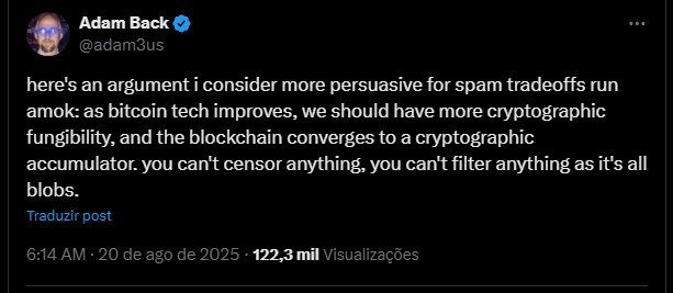 Adam Back sobre polêmica do OP_RETURN. Fonte: X.