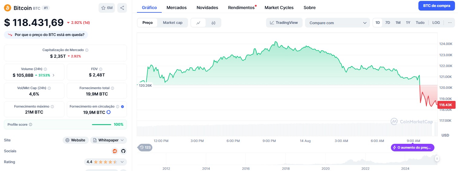 Bitcoin atinge nova máxima histórica, mas dados de inflação dos EUA jogam seu preço para baixo. Fonte: CoinMarketCap.