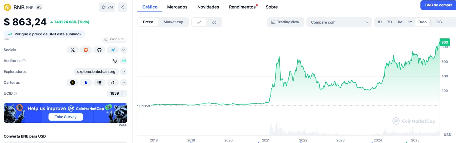 BNB, moeda ligada à Binance, renova máxima histórica. Fonte: CoinMarketCap.