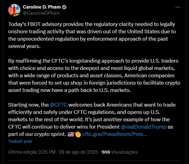 Caroline Pham, presidente da CFTC, sobre mudanças na regulação sobre corretoras de criptomoedas. Fonte: X.