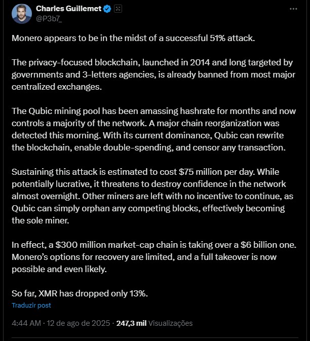 Charles Guillemet acredita que Monero não conseguirá se defender do ataque e queda de preço é pequena. Fonte: X.
