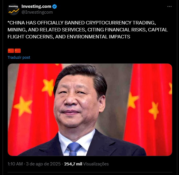 Perfil da Investing.com publica tuíte afirmando que China baniu o Bitcoin. Fonte: X.