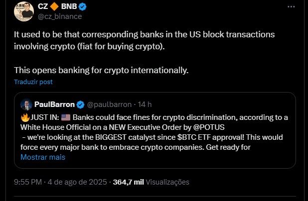 Fundador da Binance fala sobre novo decreto que pressionará bancos a aceitarem clientes de criptomoedas. Fonte: X.