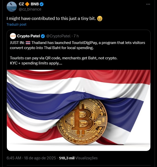 Changpeng Zhao, fundador da Binance, afirma ter ajudado no lançamento do programa TouristDigiPay da Tailândia. Fonte: X.