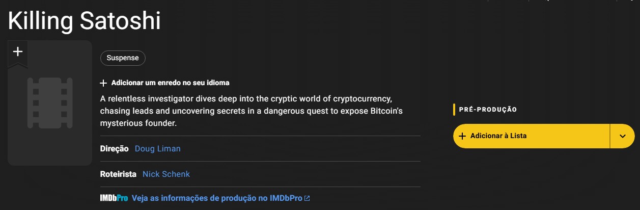 Página do filme 'Killing Satoshi' no IMDB.