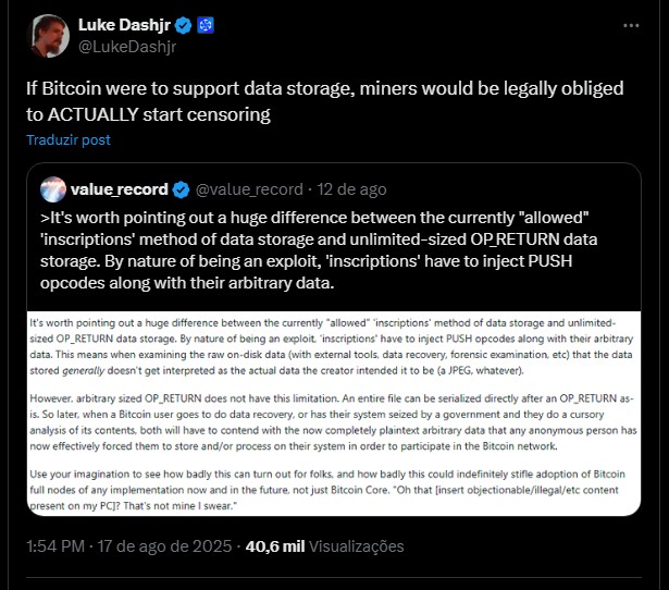 Luke Dashjr acredita que remover limites do OP_RETURN fará com que mineradores sejam obrigados por lei a censurar transações. Fonte: X.