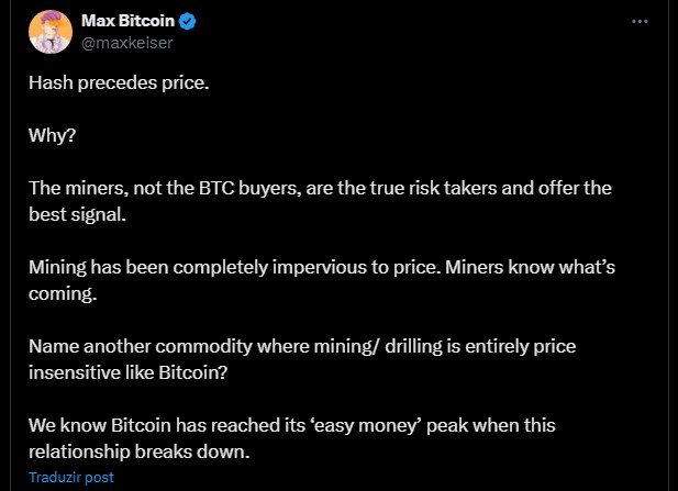 Teoria de Max Keiser sobre relação entre hashrate e preço do Bitcoin. Fonte: X.