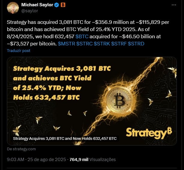 Michael Saylor revela novo aporte de Bitcoin da Strategy, o maior do mês de agosto. Fonte: X.