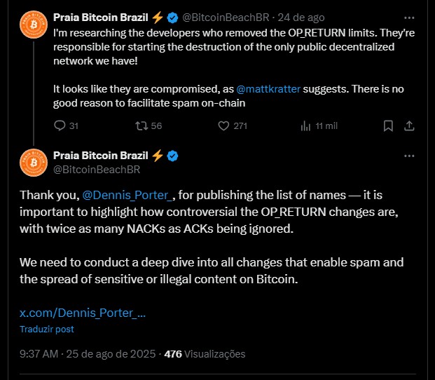 Brasileiros da Praia Bitcoin de Jericoacoara se mostram contra atualização. Fonte: X.